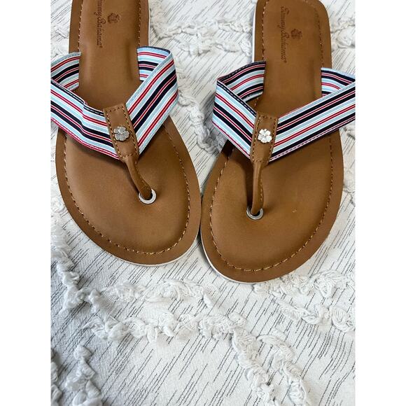 Tommy Bahama Womens Striped Logo Flip Flops - Beach Sandals Flower Charm 9 - Picture 2 of 6